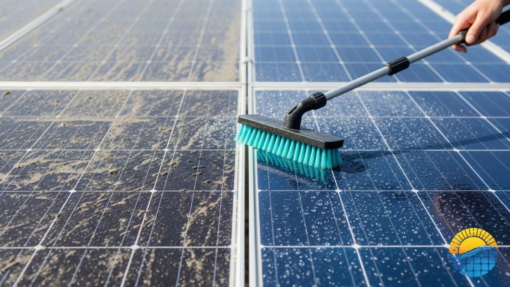 before and afte a person cleaning a solar panel with a brush