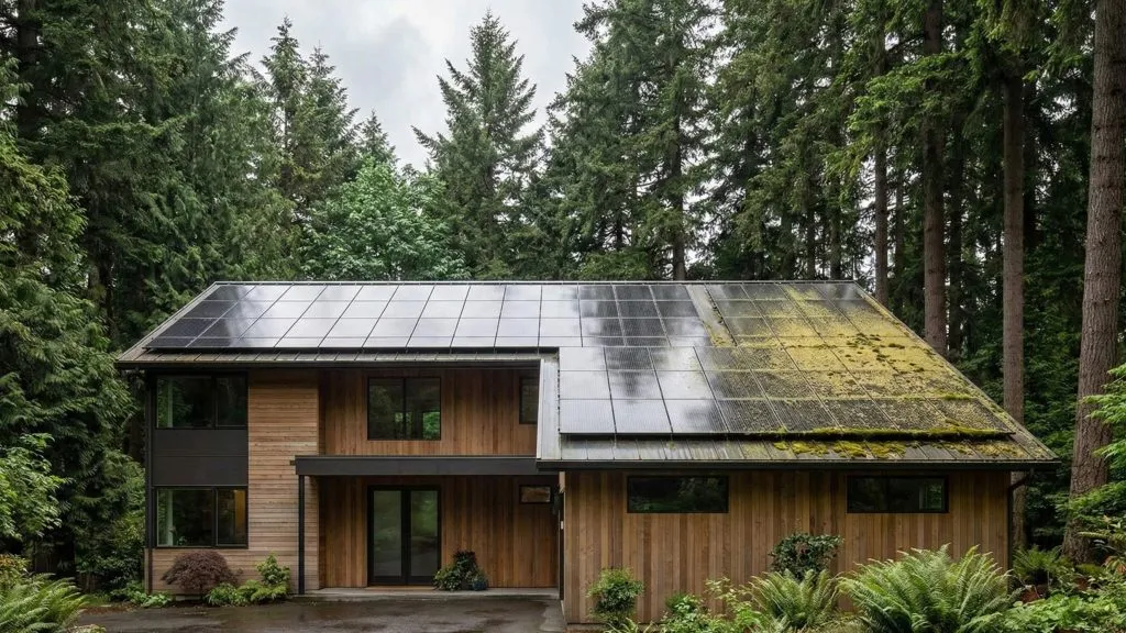 mossy solar panels in a pacific northwest oregon