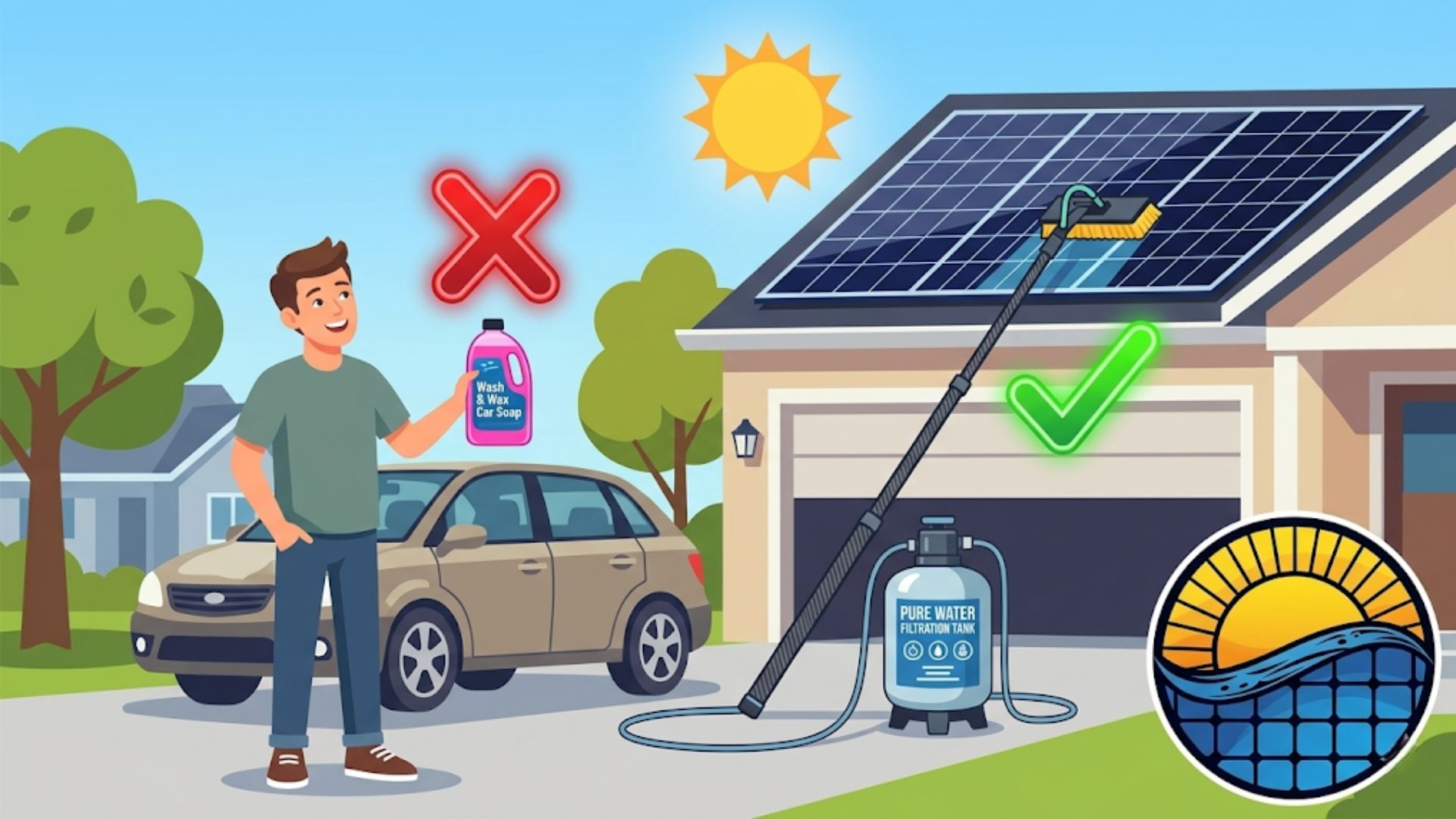 Illustration showing the correct and incorrect way to clean solar panels.