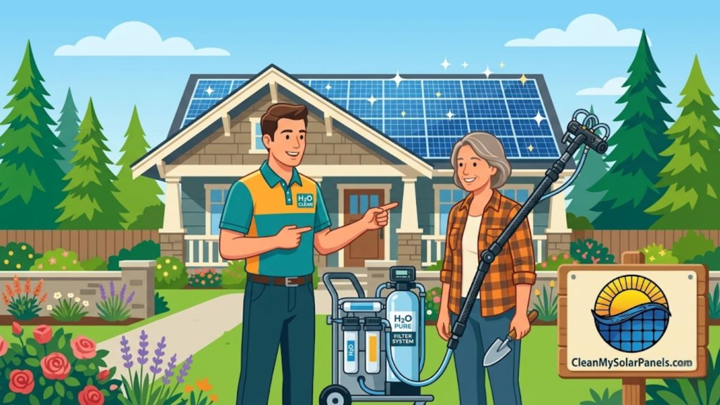 A solar panel cleaning service representative shows a homeowner a water purification system in front of a house with solar panels on the roof