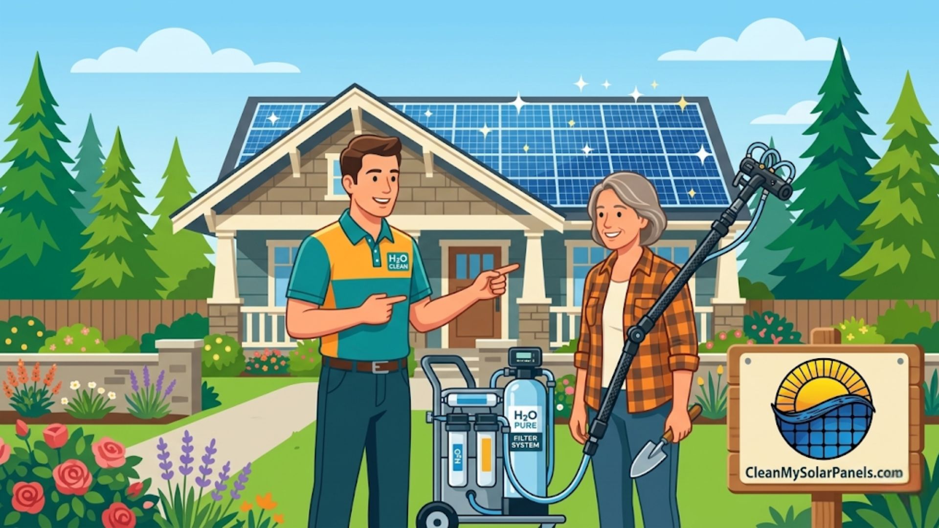 A solar panel cleaning service representative shows a homeowner a water purification system in front of a house with solar panels on the roof