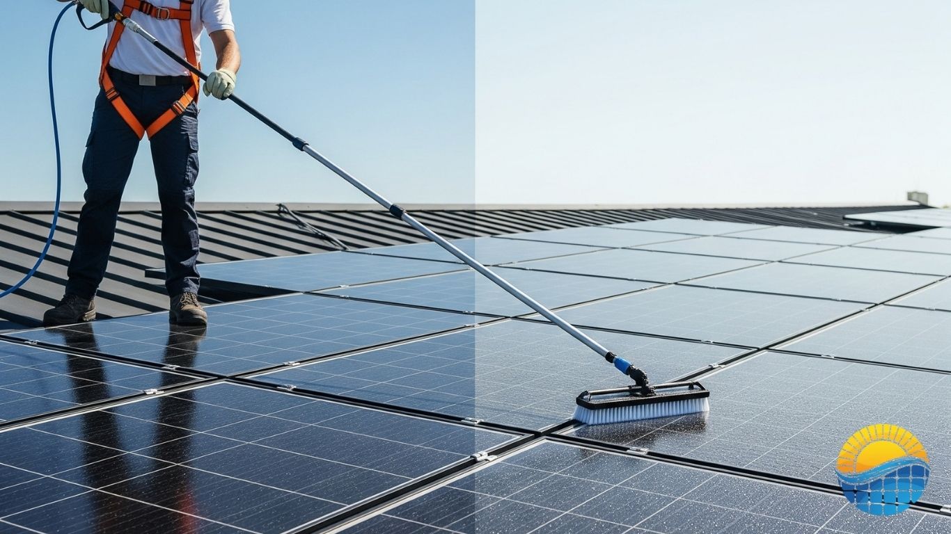 A person cleaning solar panels on the roof of a building