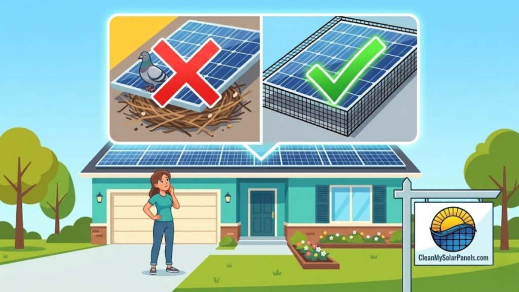 Illustration showing a house with solar panels, with two inset images one showing a pigeon nesting under panels with a red X