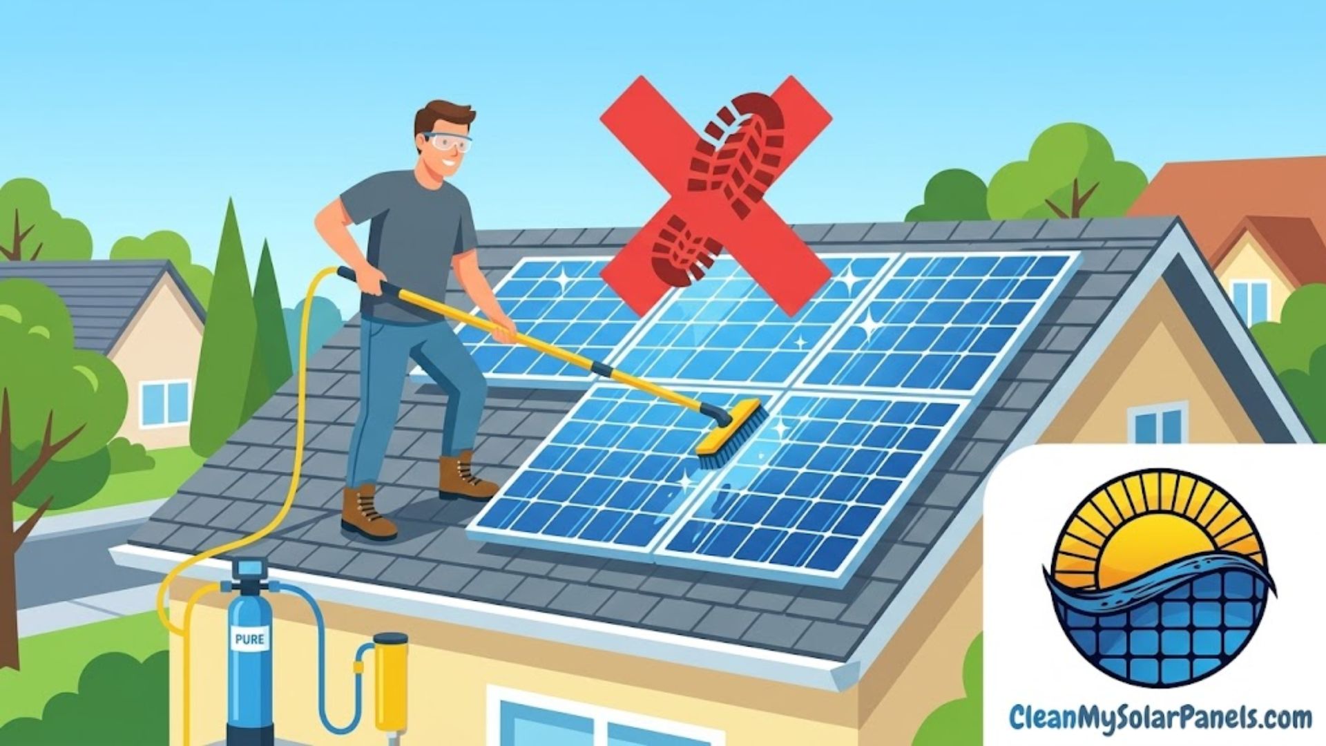 A person cleans solar panels on a roof with a long-handled brush