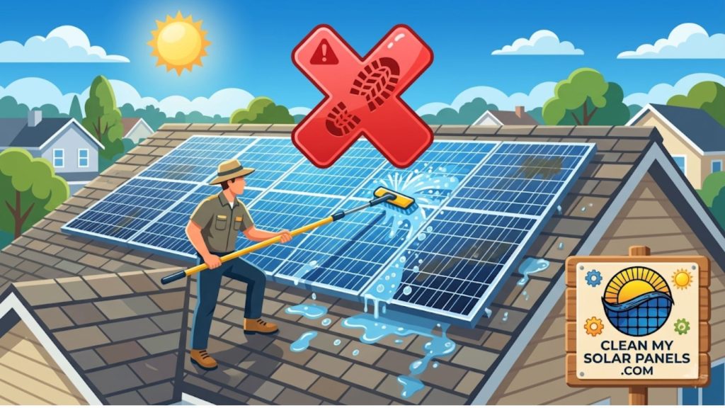 A person cleaning solar panels on a roof with a long cleaning brush