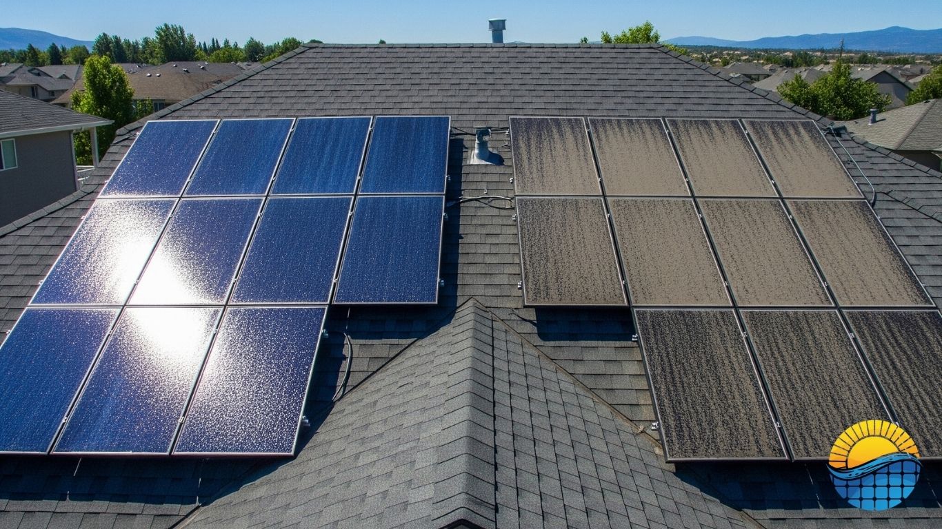 two dirty and clean solar panels on the roof of a house