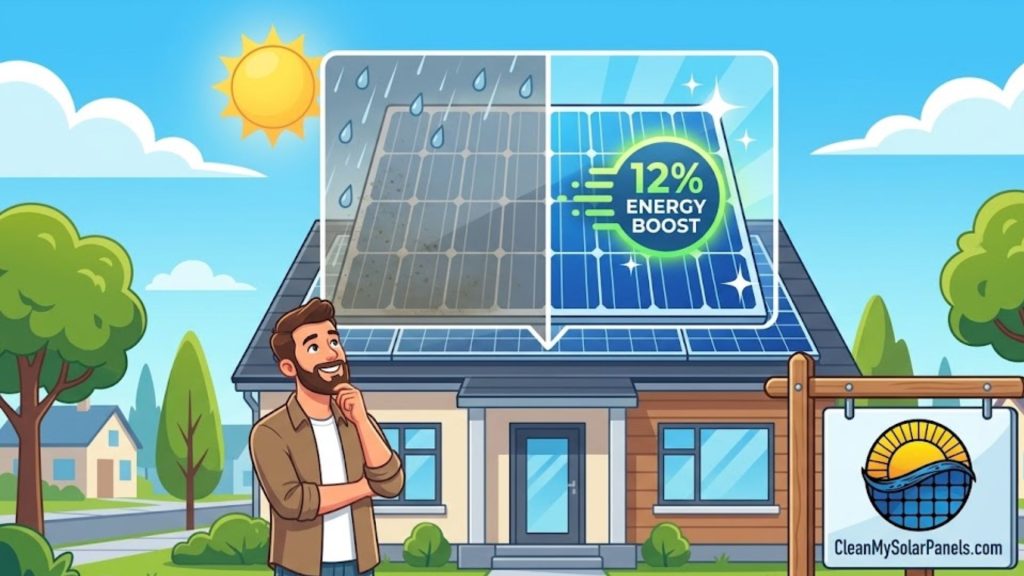 Illustration comparing dirty and clean solar panels on a house, showing a 12% energy boost. A person stands in front of the house, and a sign for CleanMySolarPanels.com is visible