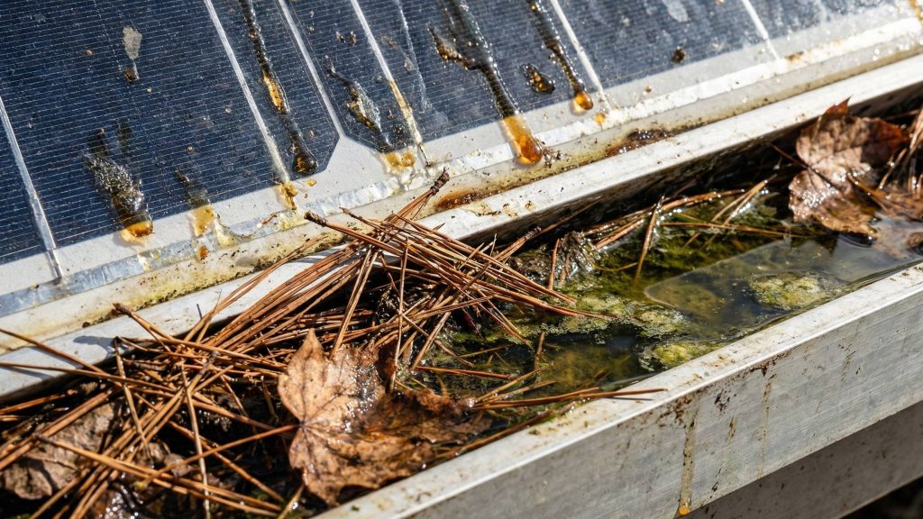 Close-up of pine needles and debris trapped at the bottom of a solar panel, causing water buildup and algae growth.