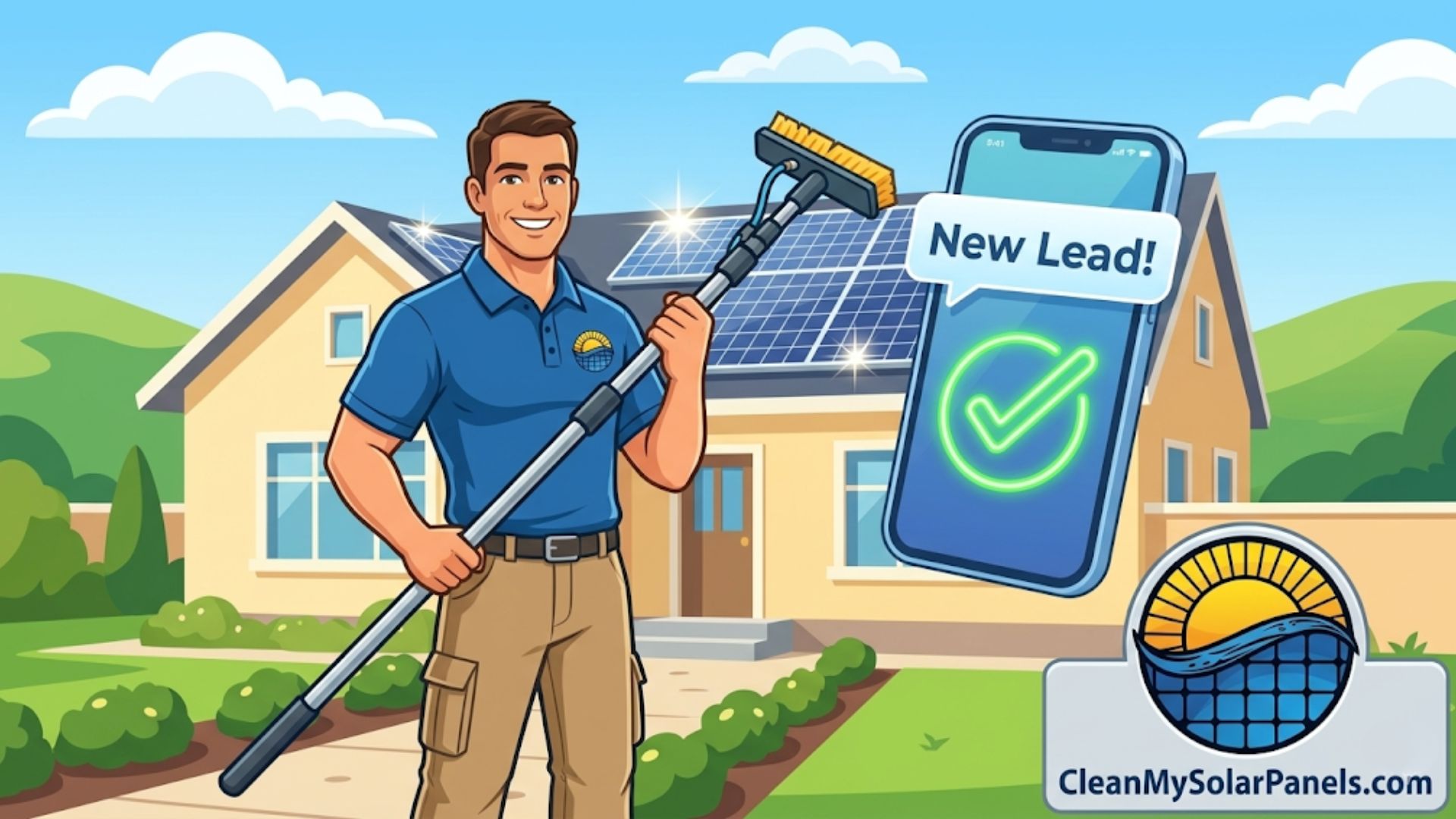 A smiling man in a blue polo shirt holds a long-handled squeegee in front of a house with solar panels.