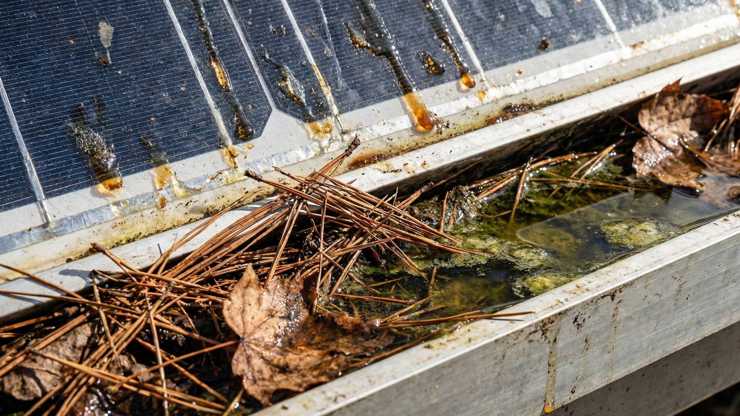 Close-up of pine needles and debris trapped at the bottom of a solar panel, causing water buildup and algae growth.