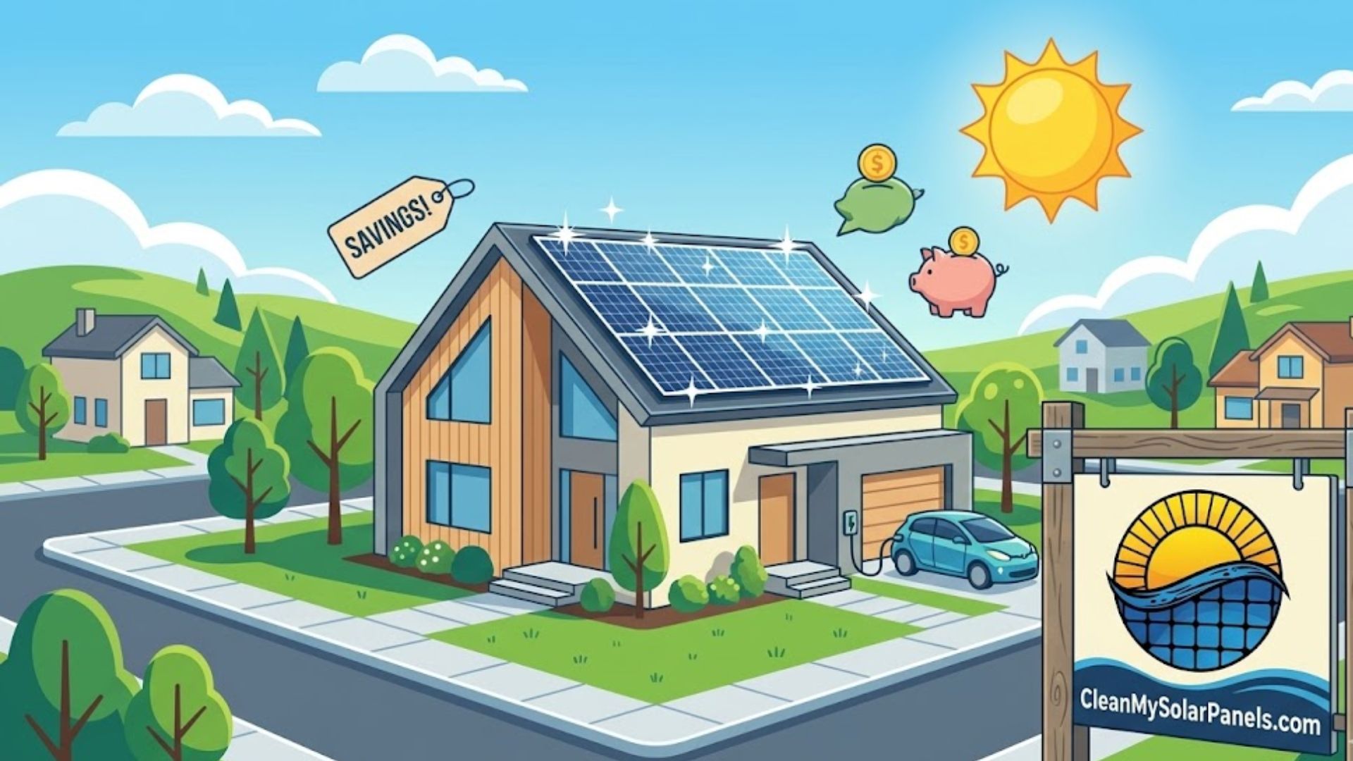 A modern house with solar panels on the roof, an electric car charging, and piggy banks representing savings, with a sunny sky and surrounding neighborhood