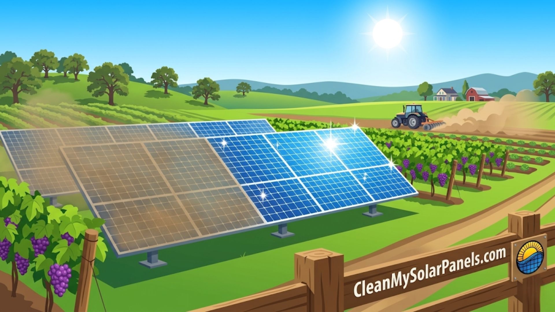 A split image showing dirty solar panels on the left and sparkling clean solar panels on the right, set in a vineyard with a tractor plowing a field in the background