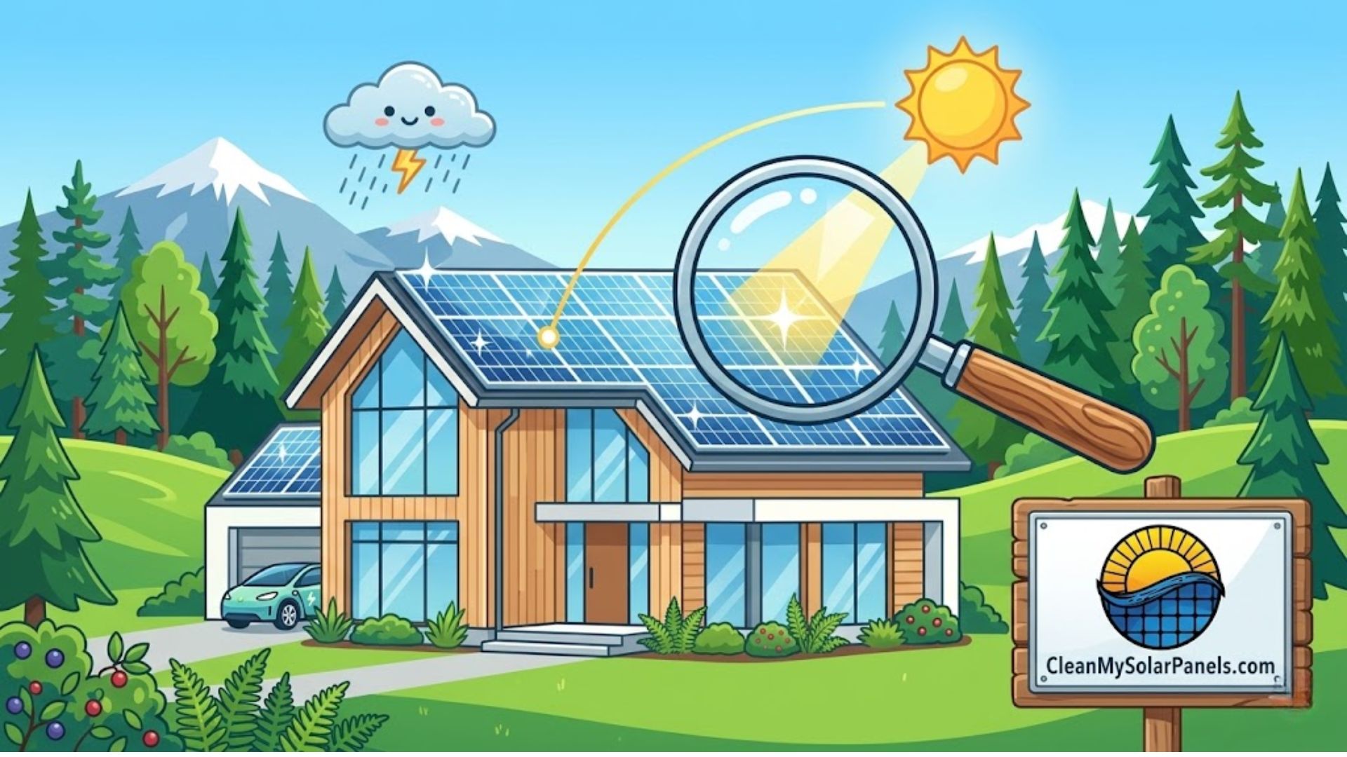A modern house with solar panels on the roof, surrounded by trees and mountains.