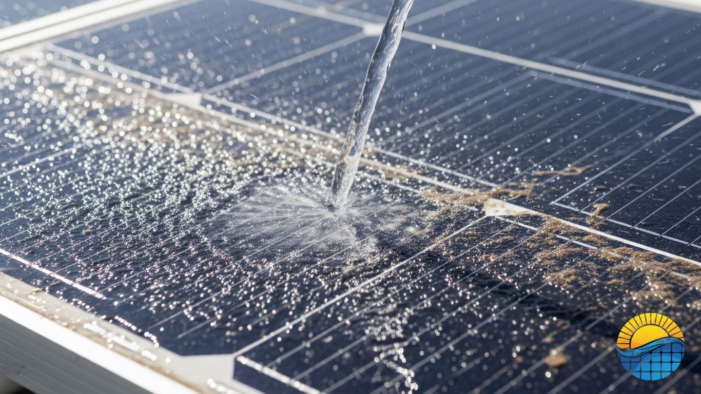 a solar panel is being sprayed with water