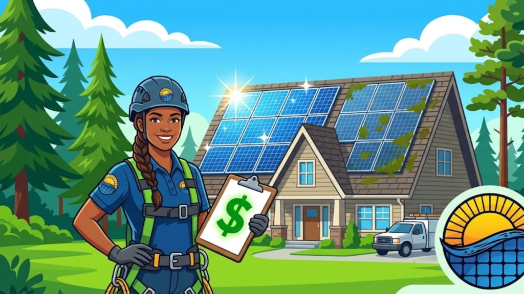 A worker in safety gear holds a clipboard with a dollar sign in front of a house with solar panels and a service van