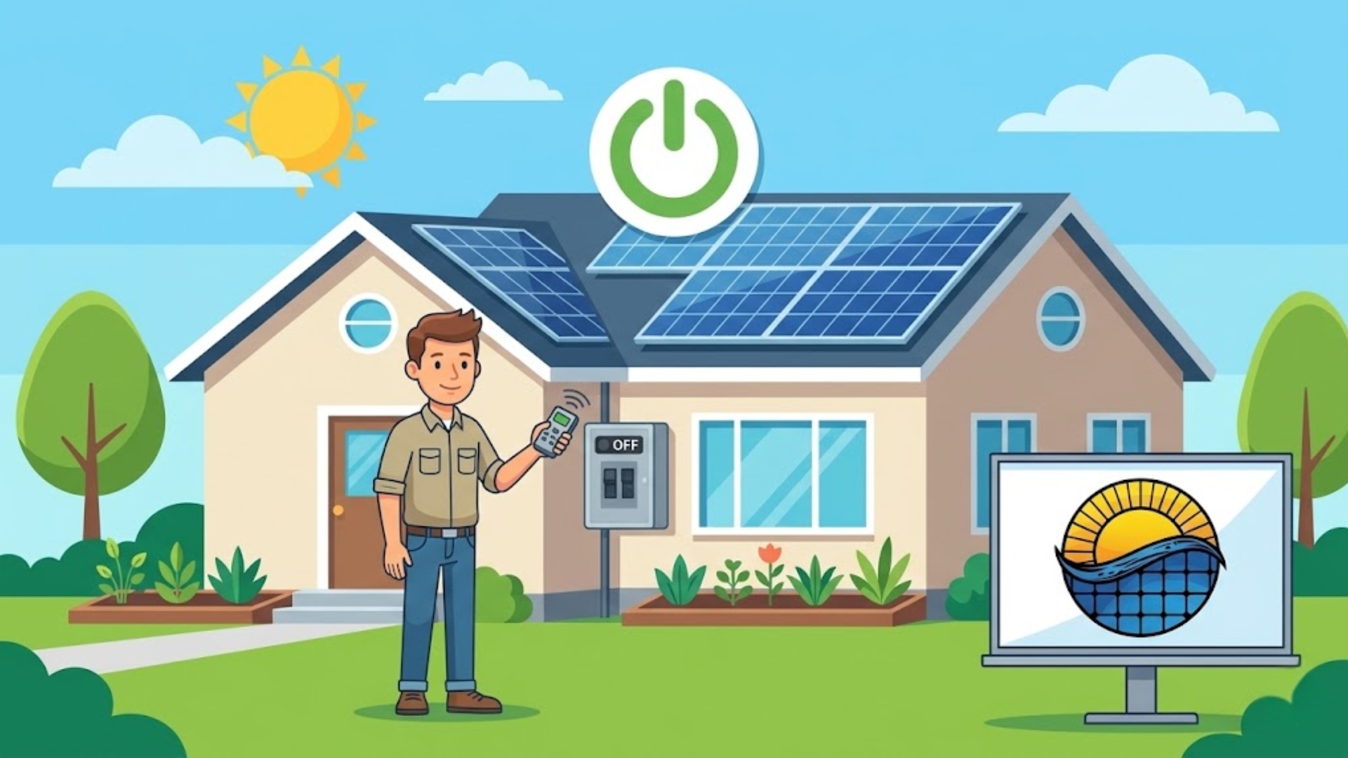 A house with solar panels on the roof is shown, with a person holding a remote control next to an electrical panel.