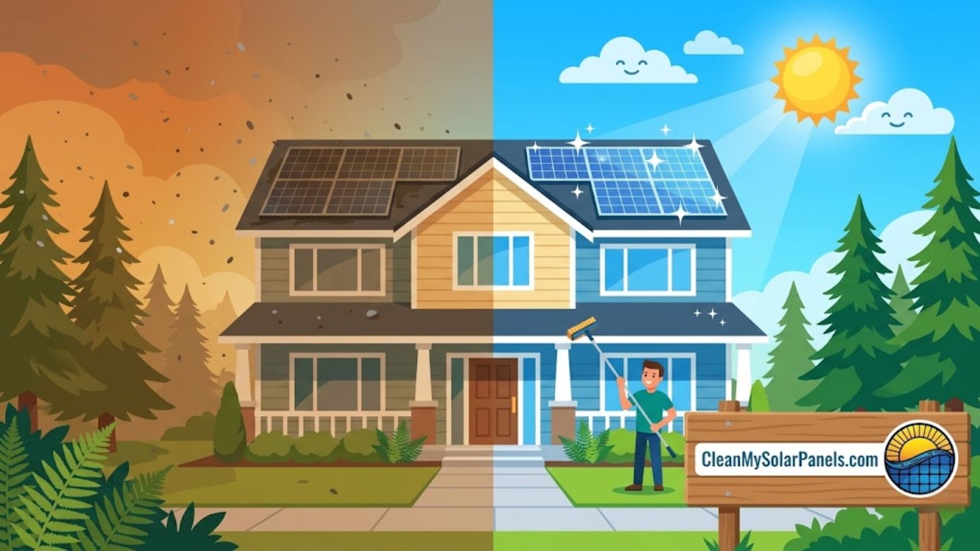 a split image of solar panels being covered in ash and one side clean