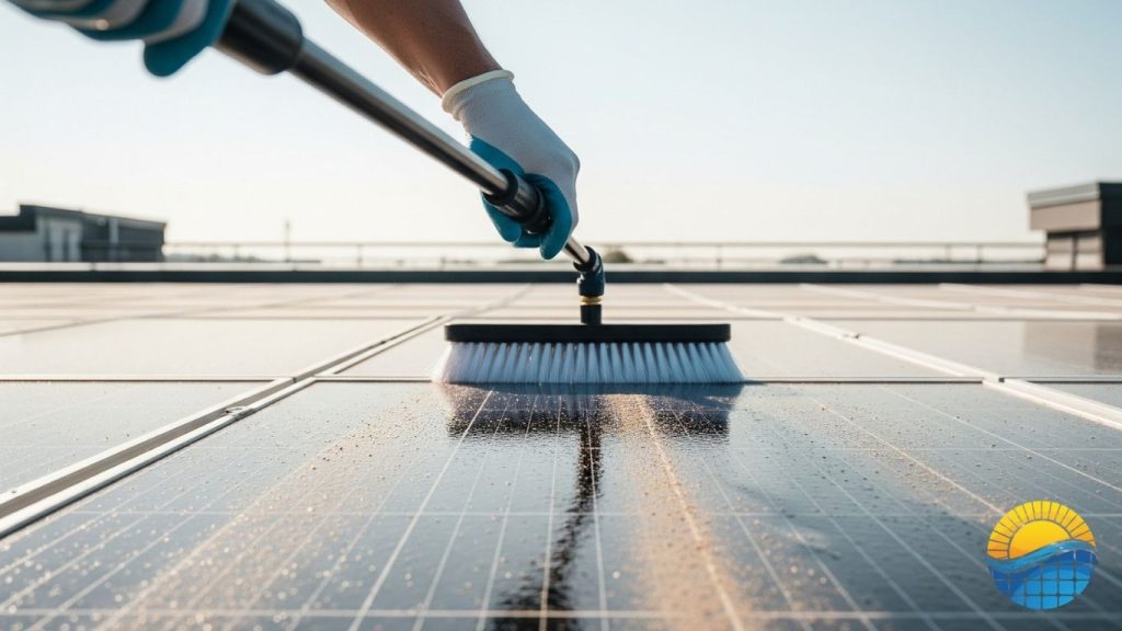 a person cleaning a solar panel with a brush