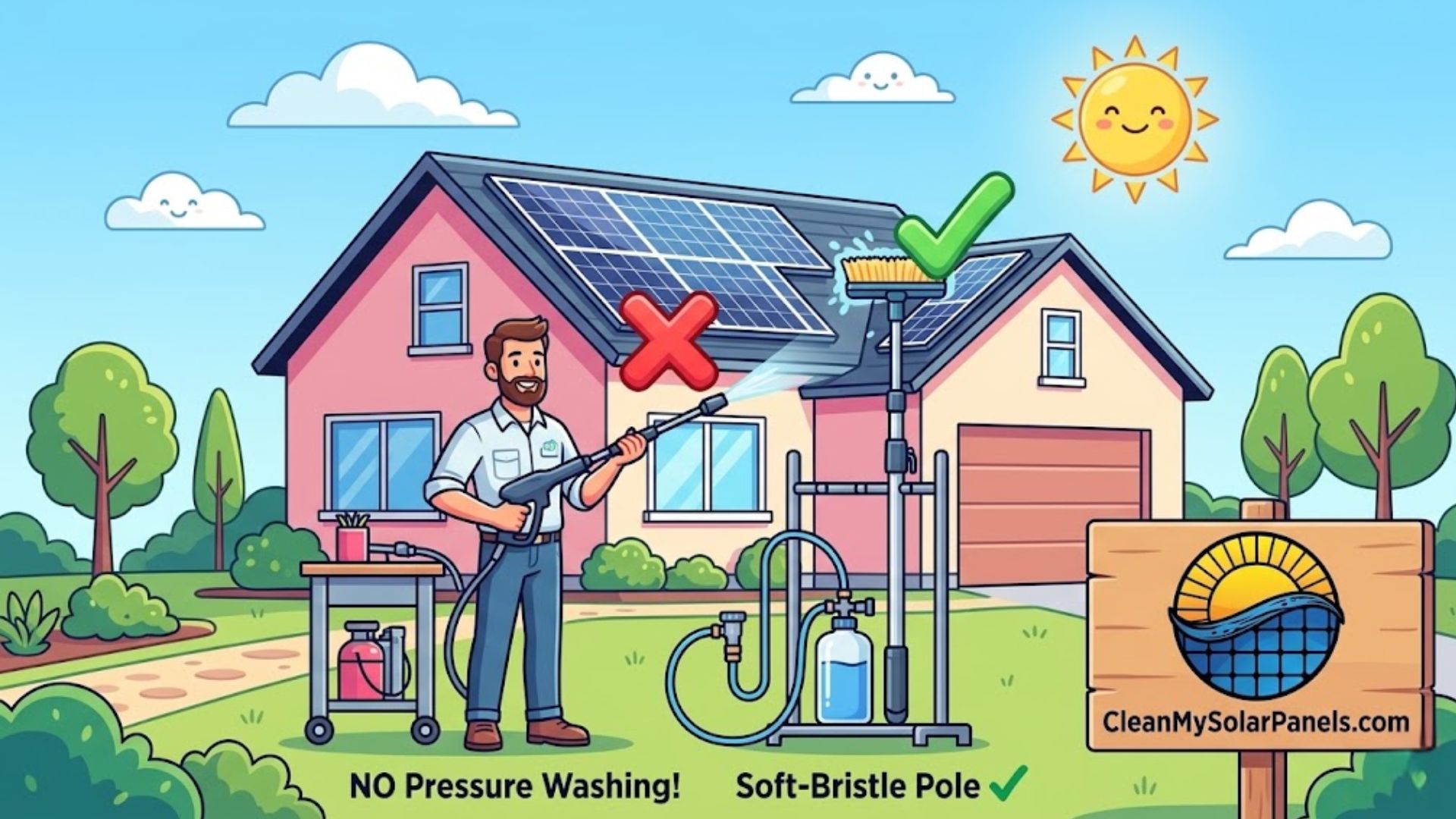 Illustration showing the wrong way to clean solar panels with a pressure washer and the correct way with a soft-bristle pole. A sign for CleanMySolarPanels.com is visible