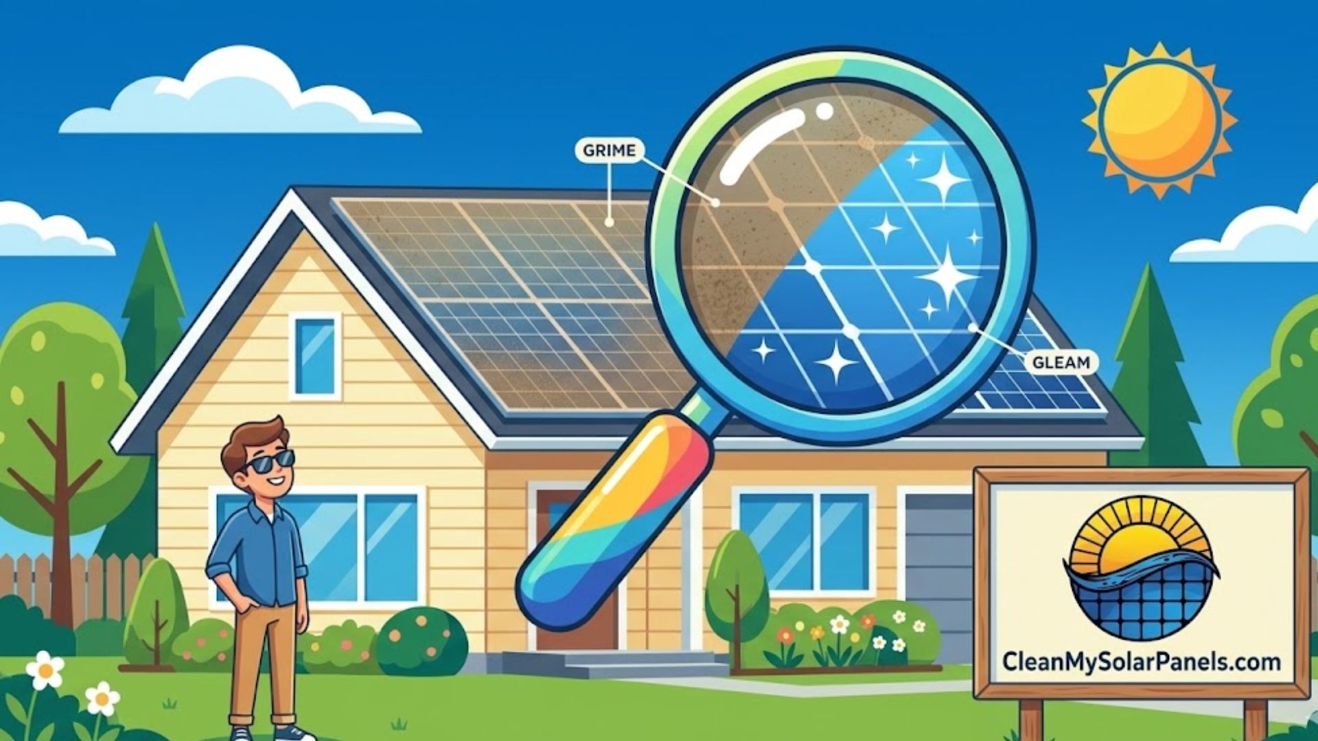 A house with solar panels, a person, and a magnifying glass showing the difference between dirty and clean solar panels. A sign reads CleanMySolarPanels.com.