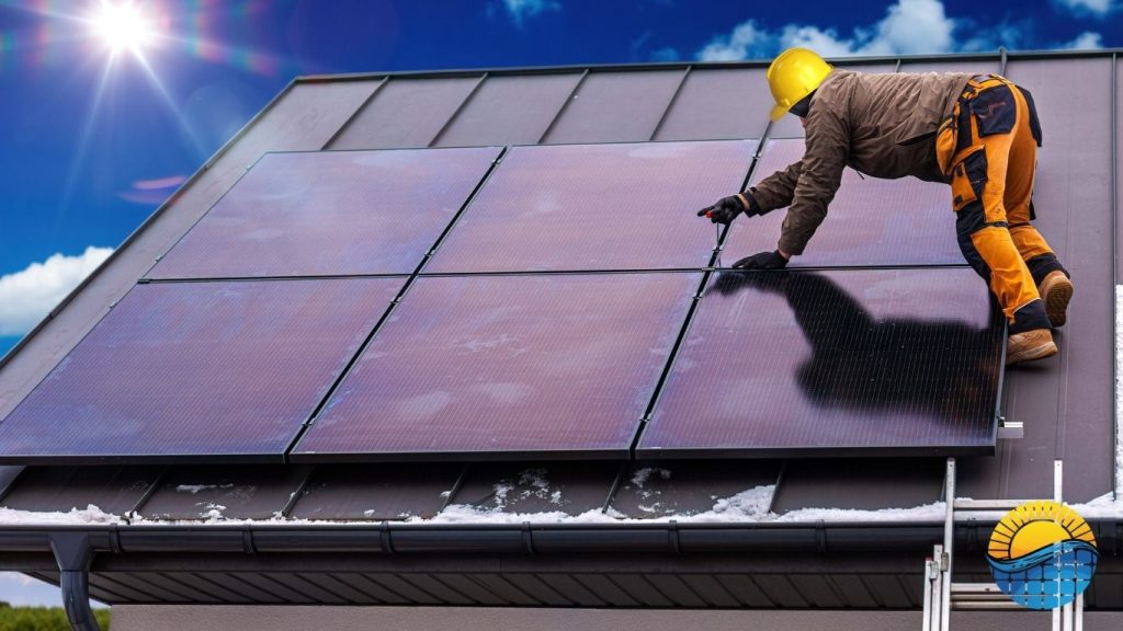 a worker installing solar panels on the roof of a house