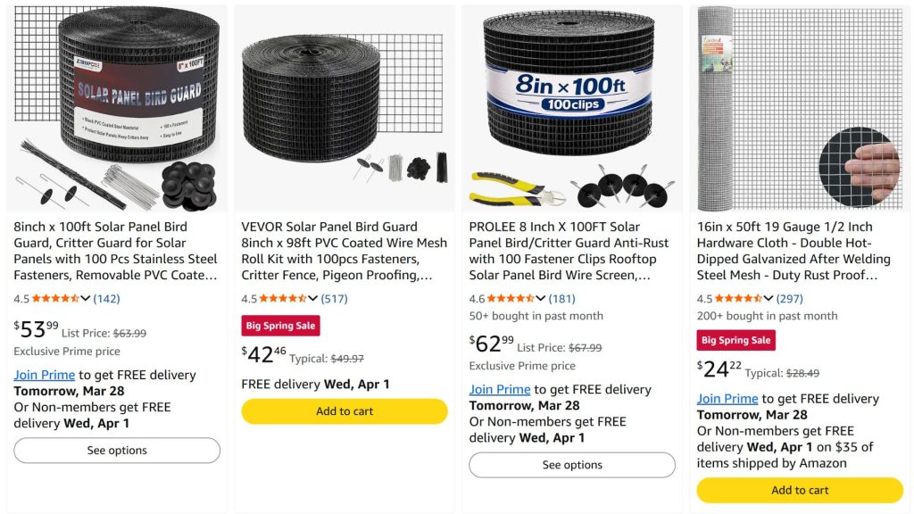 Solar Panel Critter Guard Kits on Amazon