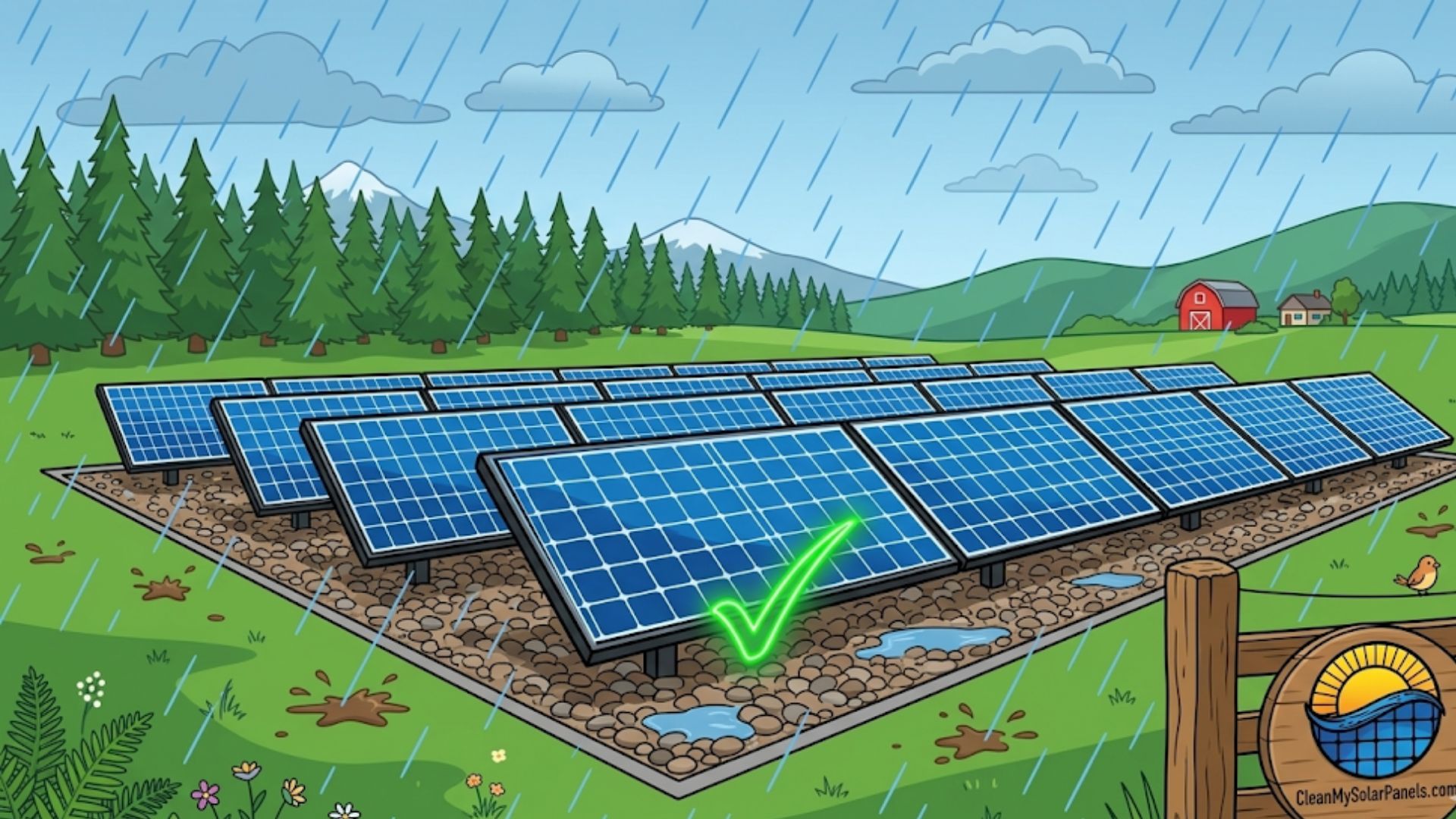 A solar panel array in a field during a rainstorm, with a green checkmark superimposed on one panel.