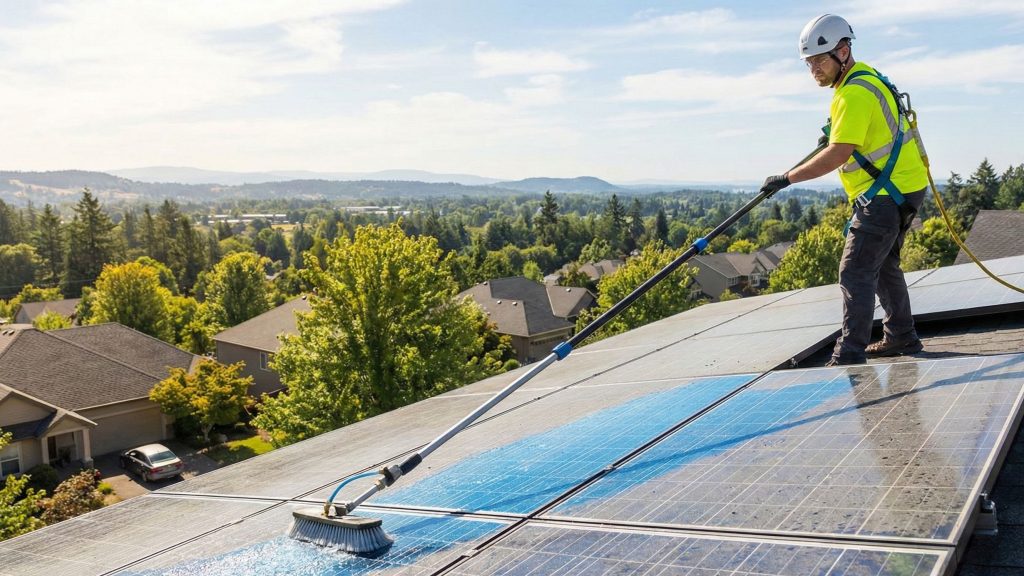 beaverton solar panel cleaner on a roof with a brush