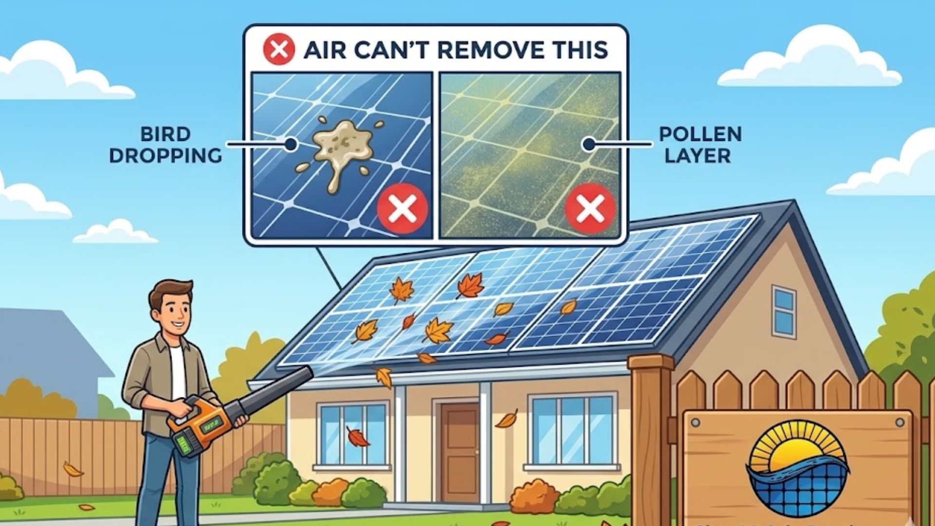 A person uses a leaf blower to clear leaves from solar panels on a house