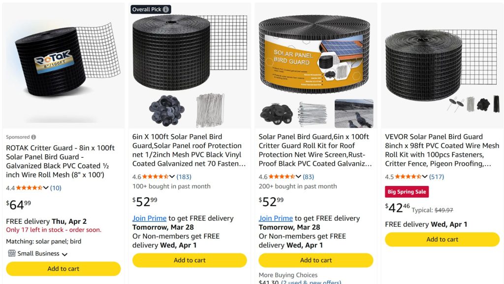 Heavy-Duty Solar Bird Mesh on Amazon
