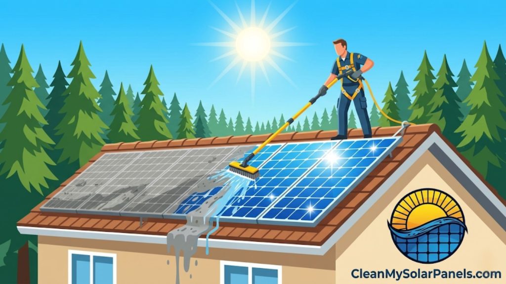A person on a roof cleans dirty solar panels with a brush and hose, with a logo that says CleanMySolarPanels.com