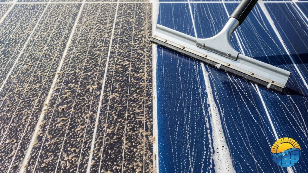 a person cleaning a solar panel with a broom