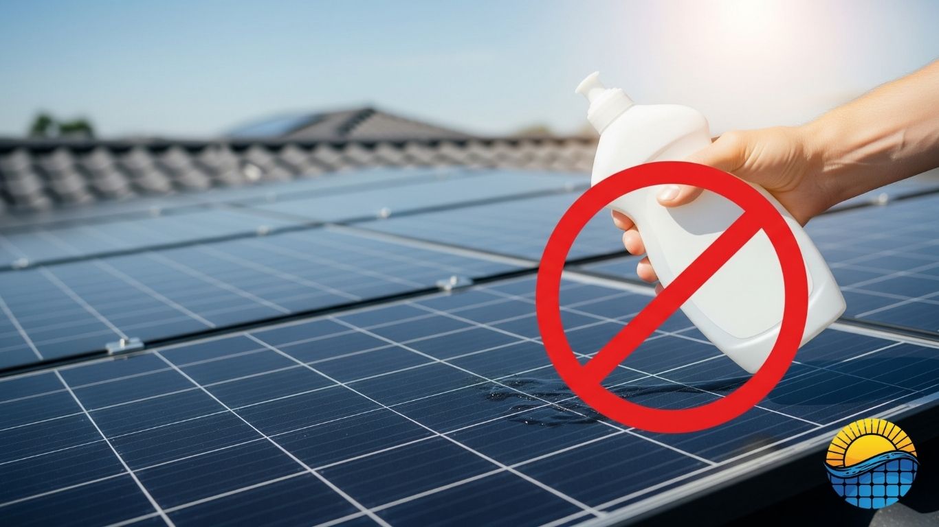 A person is holding a bottle of liquid soap on a solar panel