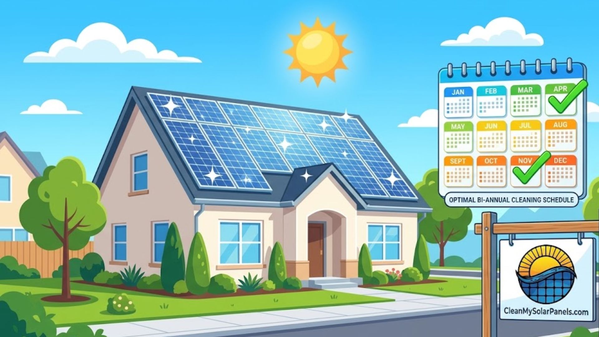 A house with solar panels on the roof is shown next to a calendar indicating an optimal bi-annual cleaning