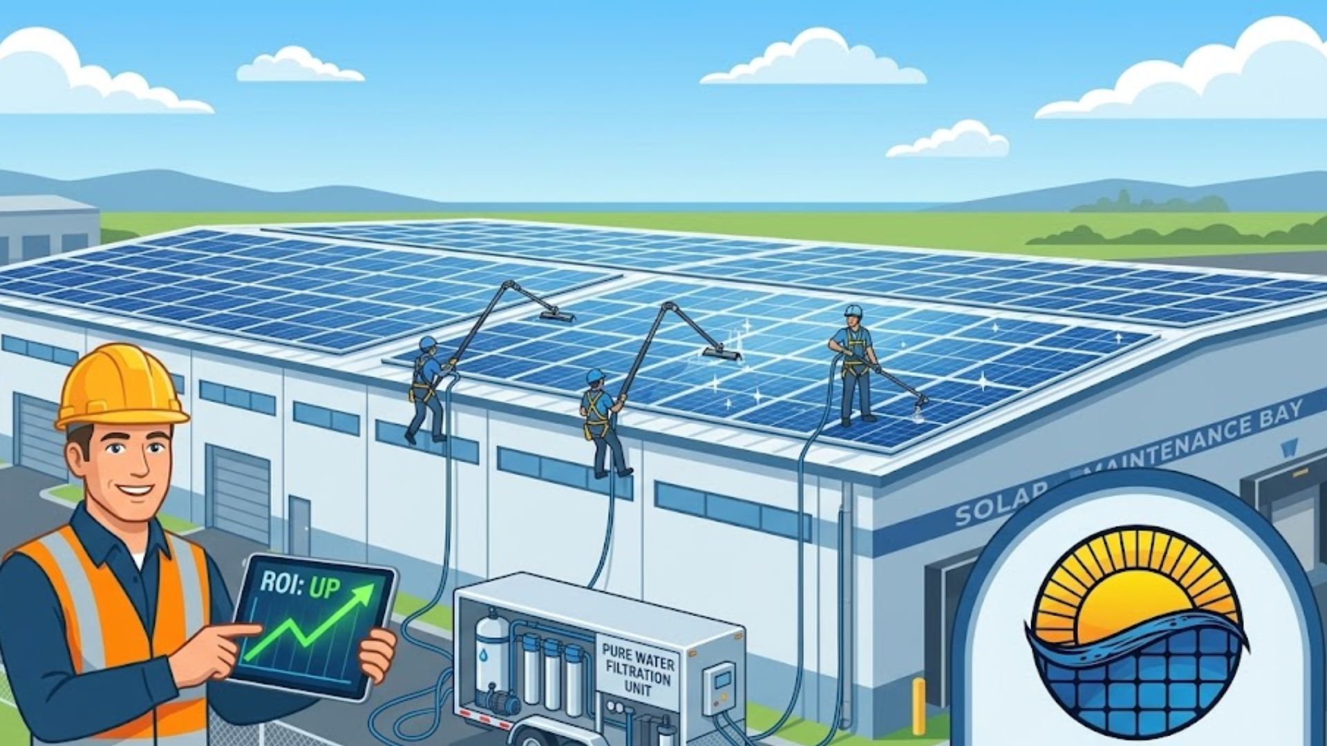 A worker in a hard hat and vest points to a tablet showing an upward trending ROI graph, while three workers clean solar panels on a warehouse roof