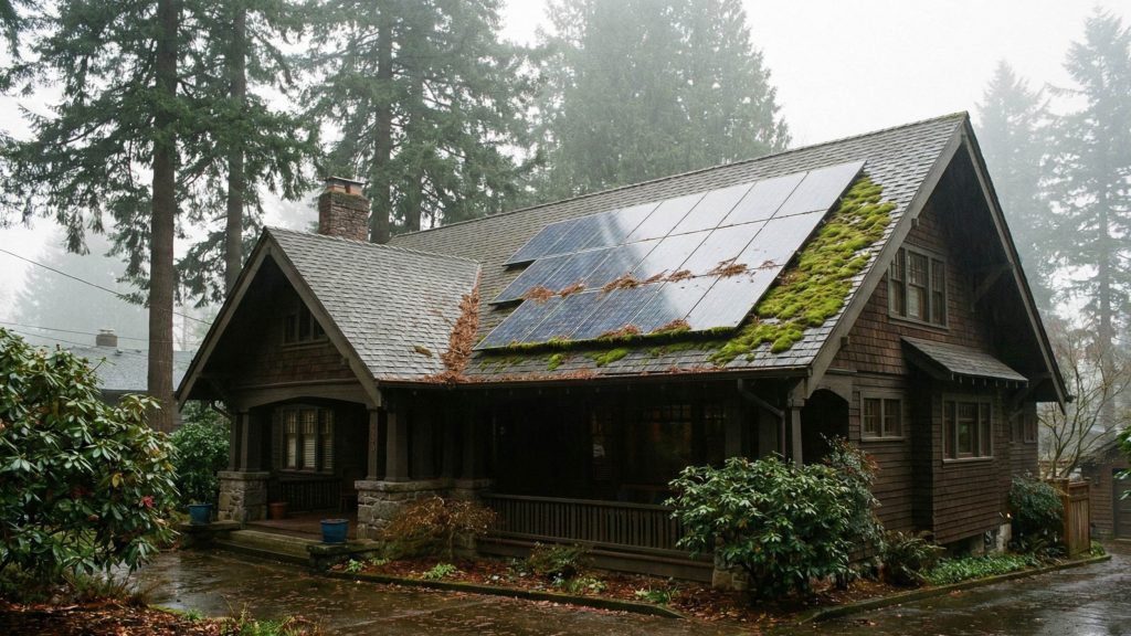 A historic Portland craftsman home with solar panels covered in moss and pine needles, shaded by large Douglas Fir trees.