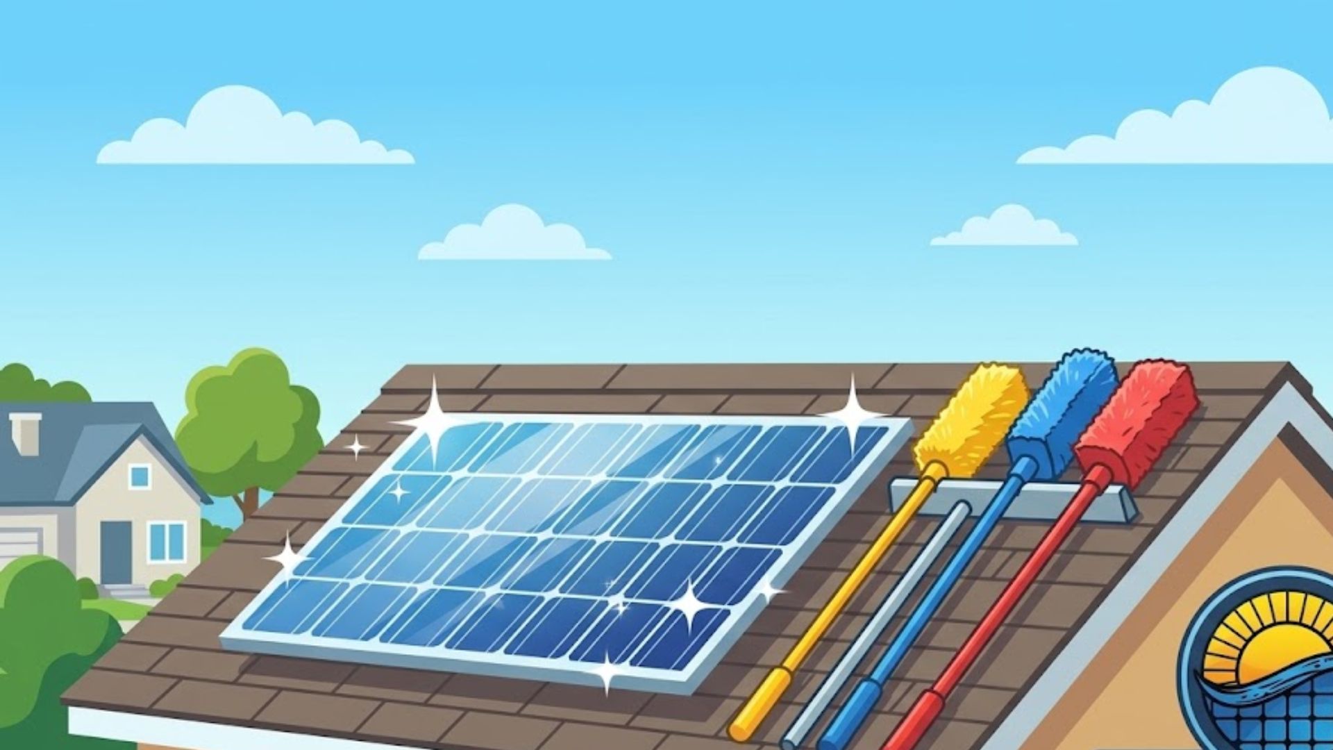 A clean solar panel on a roof with three cleaning brushes nearby. The logo for CleanMySolarPanels.com is visible on the side of the roof