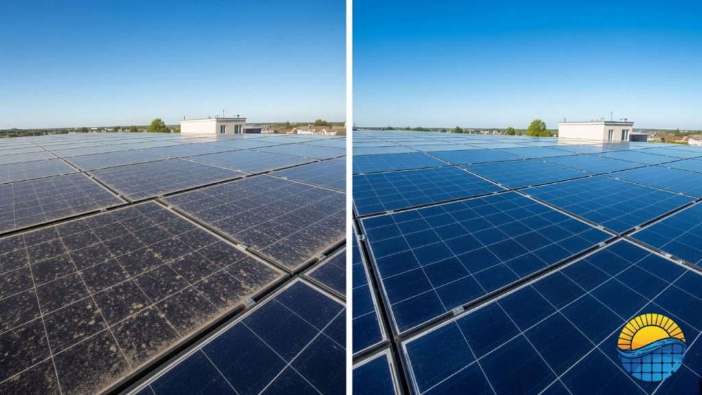 two pictures of solar panels on the roof of a building