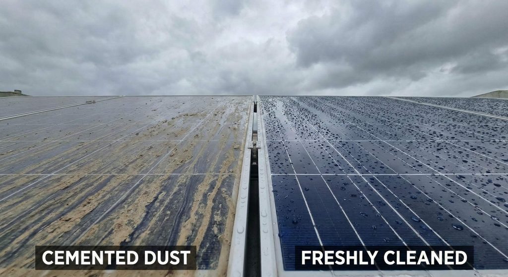 Side-by-side comparison showing a solar panel covered in cemented dust versus a professionally cleaned panel.