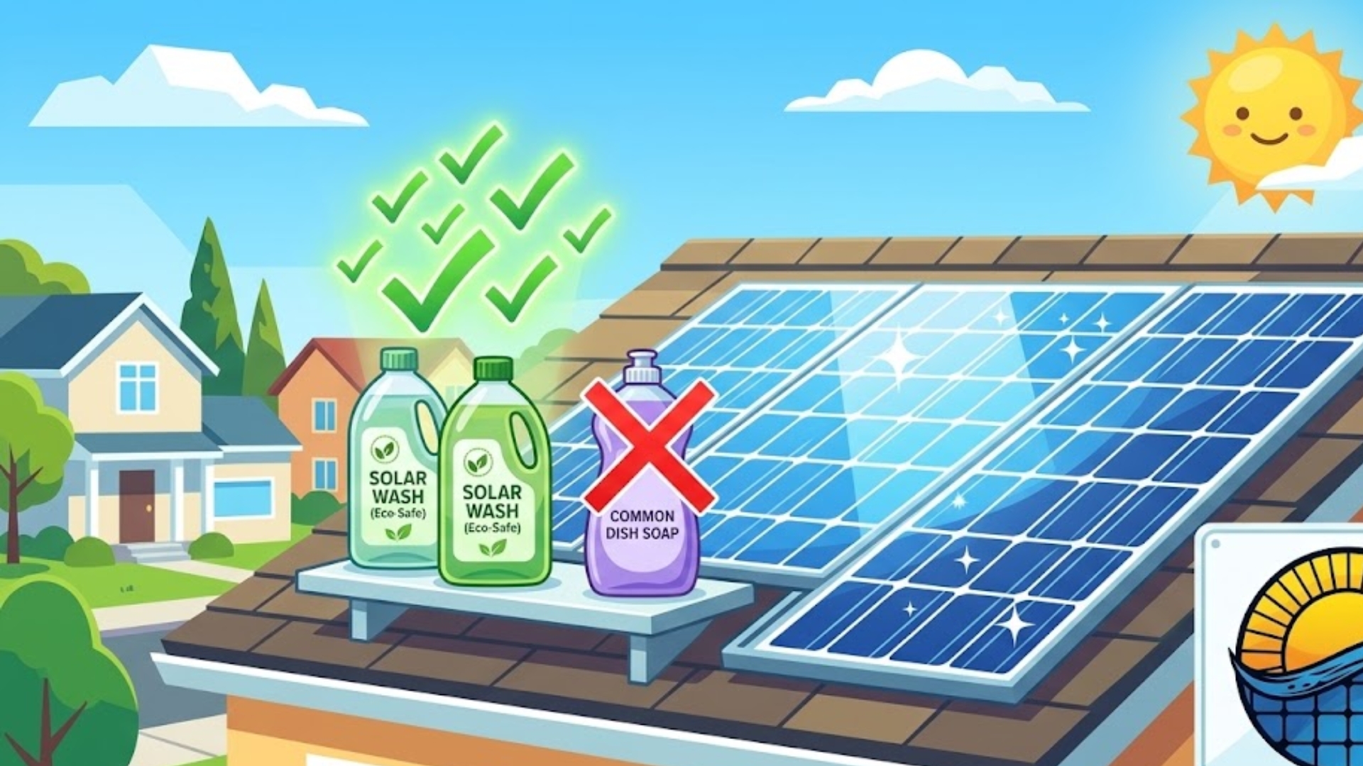 Illustration showing bottles of solar wash and a bottle of common dish soap crossed out with a red X
