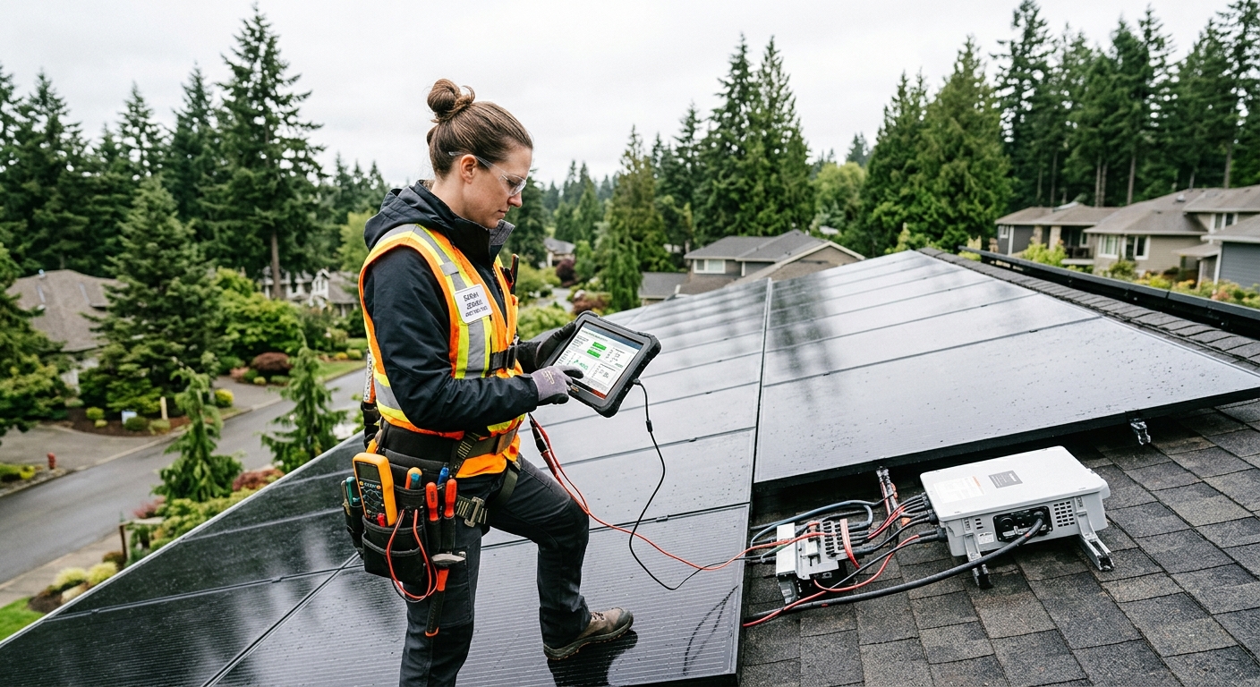 Technician checking panel output